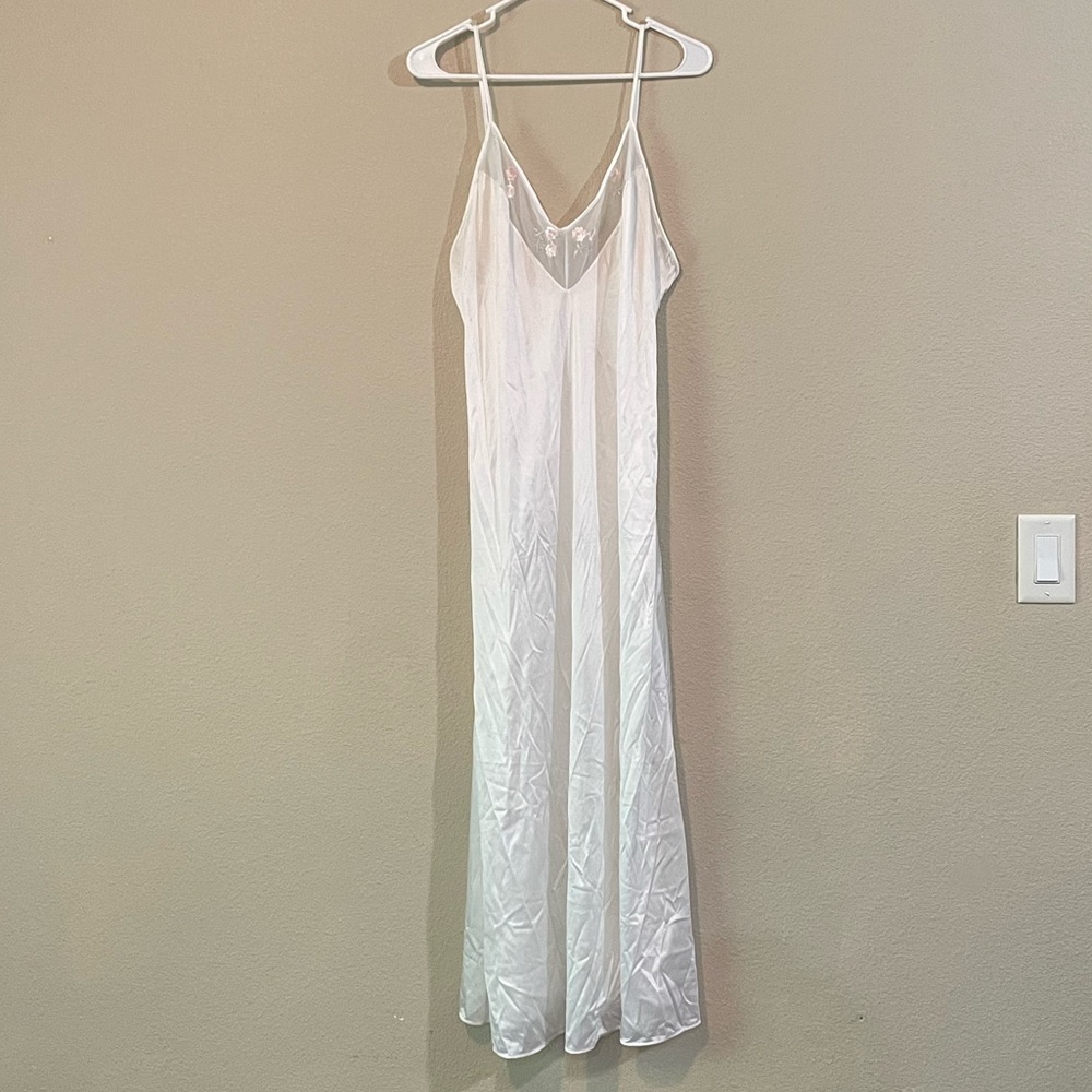 Vintage Nylon Slip Nightgown with Delicate Lace and Floral Embroidery